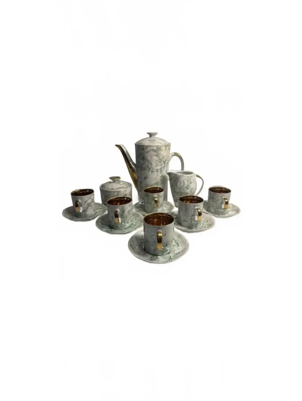 Vintage Wawel Poland Gold Taupe Beige Marble China Tea Set